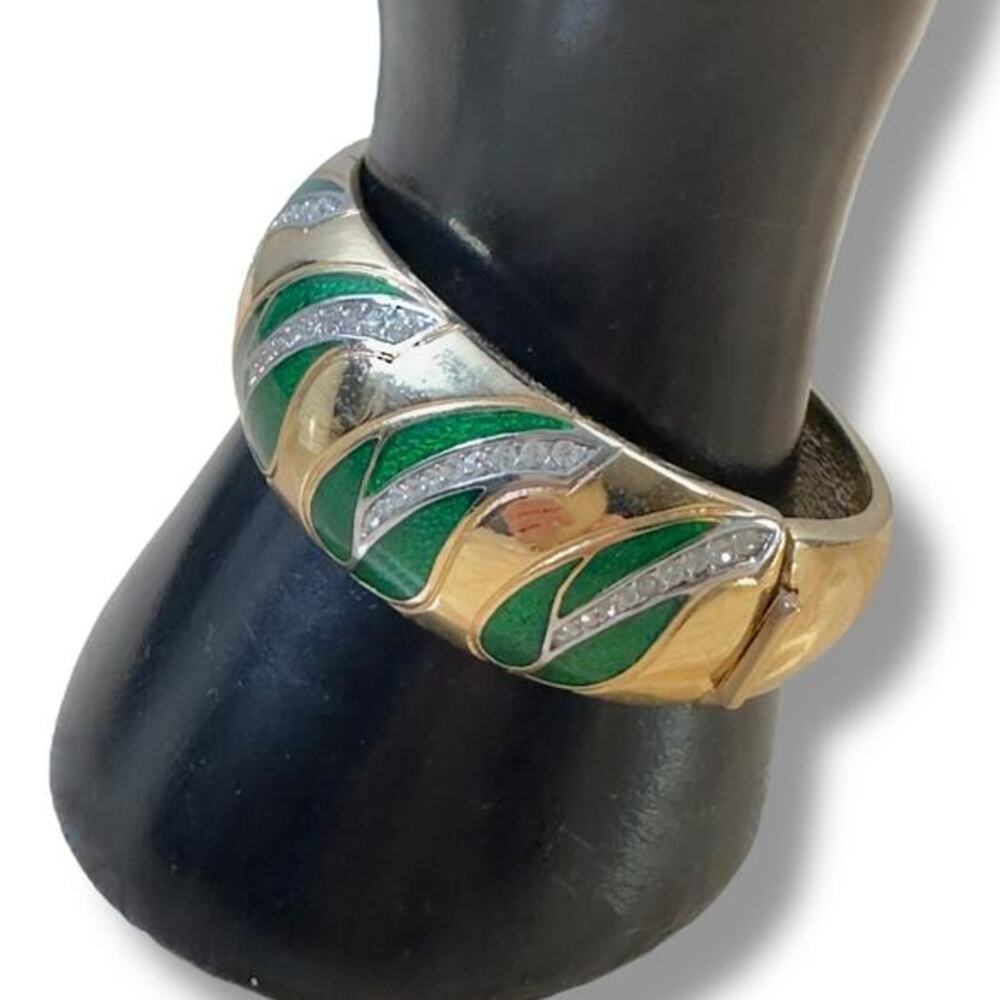 Christian Dior Bracelet Gold Tone Clear Rhinestone Green Enamel Sz 6.5 - Picture 2 of 16